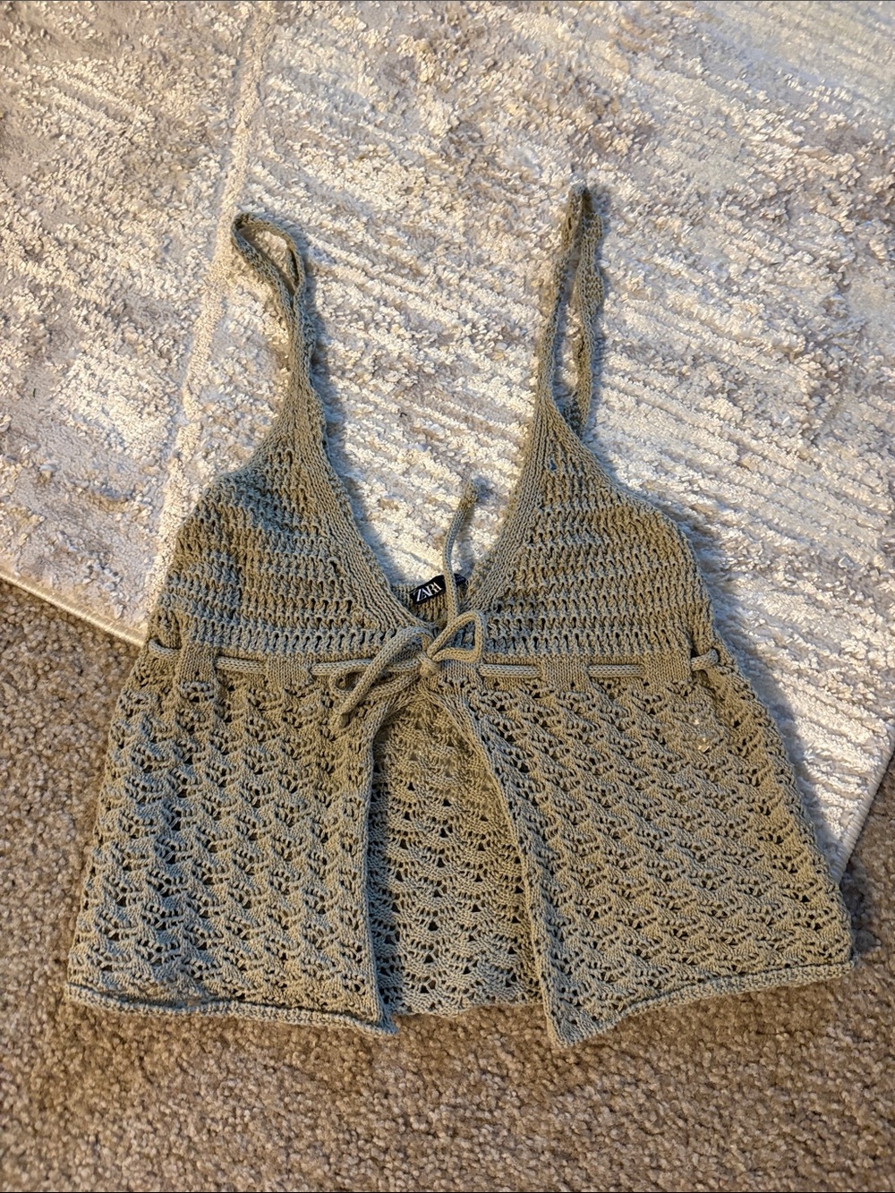 ZARA olive green crochet knit tie front cami top NWOT